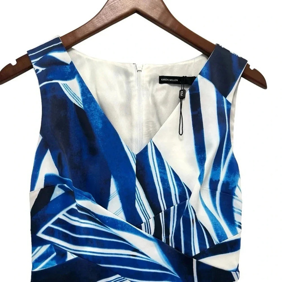Karen Millen Blue White Geometric Print Sleeveless Sheath Dress Women’s Size 4 - Picture 4 of 10